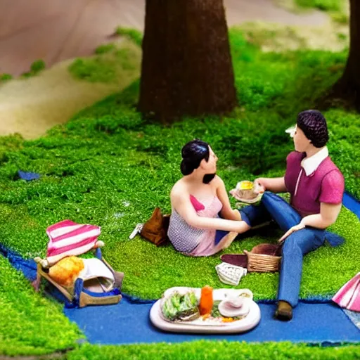 Image similar to a miniature diorama model of a couple having a picnic in a Tokyo park