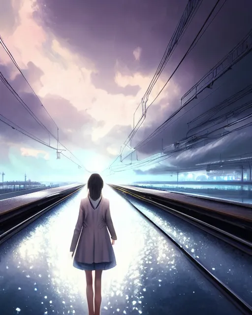 Image similar to photo of girl walking on train tracks submerged under reflective water toward a station in the distance, wide horizon, large white clouds, intricate, elegant, highly detailed, digital painting, artstation, concept art, smooth, sharp focus, illustration, art by artgerm and greg rutkowski and fra angelico