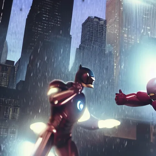 Image similar to batman and iron man fighting in chicago, ultra realistic, photorealistic, ultra details, cinematic