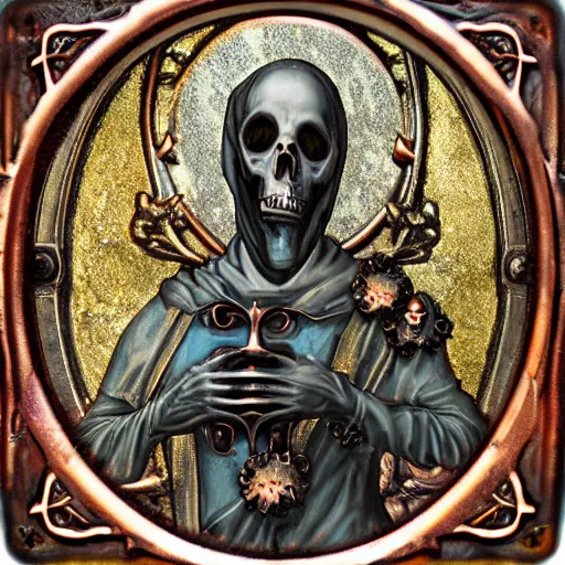 Prompt: steam _ necropolis _ memento _ mori _ gothic _ neo _ - _ gothic _ art _ nouveau _ hyperdetailed _ copper _ patina _ medieval _ icon _ philippe