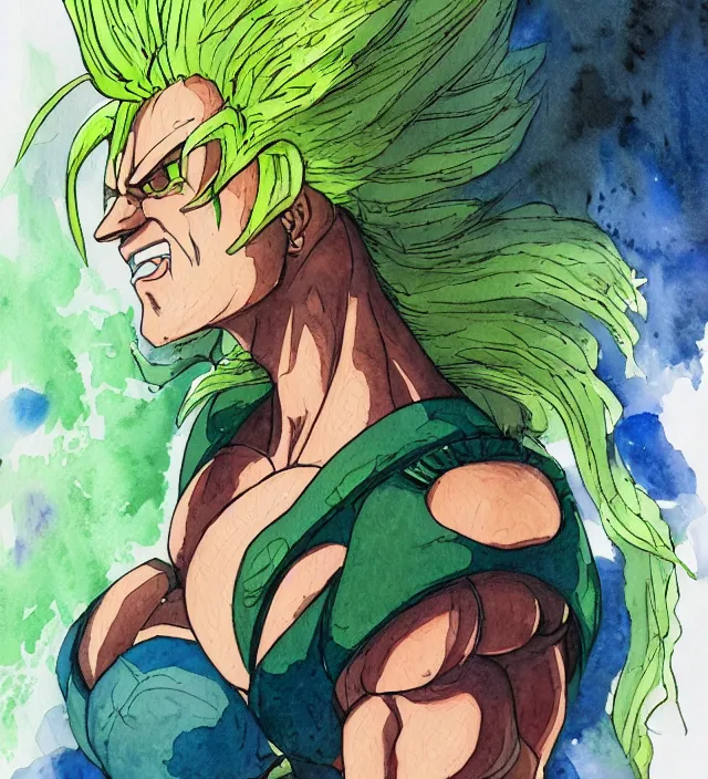 Image similar to a 3 / 4 view watercolor ink painting of broly as a female supervillain in the style of jean giraud in the style of moebius trending on artstation deviantart pinterest detailed realistic hd 8 k high resolution