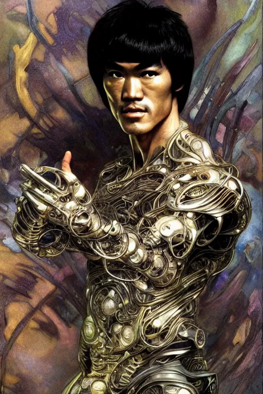 Image similar to bruce lee as a organic cyborg, diffuse lighting, fantasy, intricate, elegant, highly detailed, lifelike, photorealistic, digital painting, illustration, concept art, smooth, sharp focus, art by john collier and albert aublet and krenz cushart and artem demura and alphonse mucha