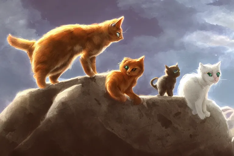 Image similar to cat standing on a rock in front of a crowd of cats, dramatic, backlighting, trending on artstation, digital art, trending on furaffinity, by kawacy