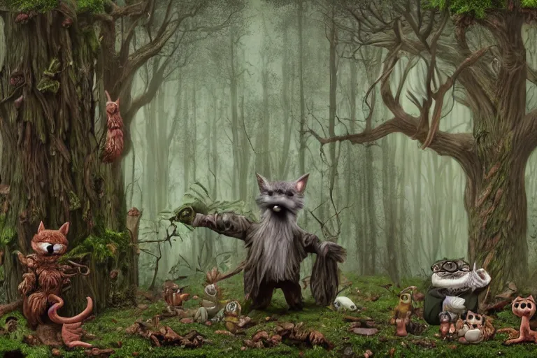 Prompt: old wizard and his forest furry creature matte painting, 3 d highly detailed, in the style of mark ryden