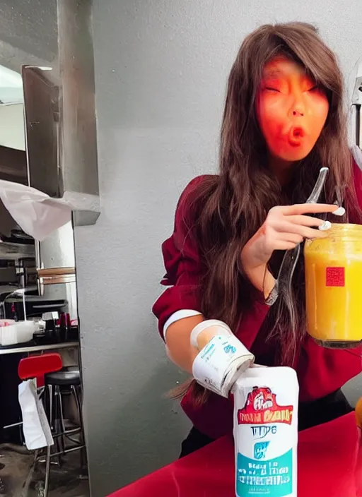 Image similar to A TikTok model is pouring hot sauce into her mouth as a challenge