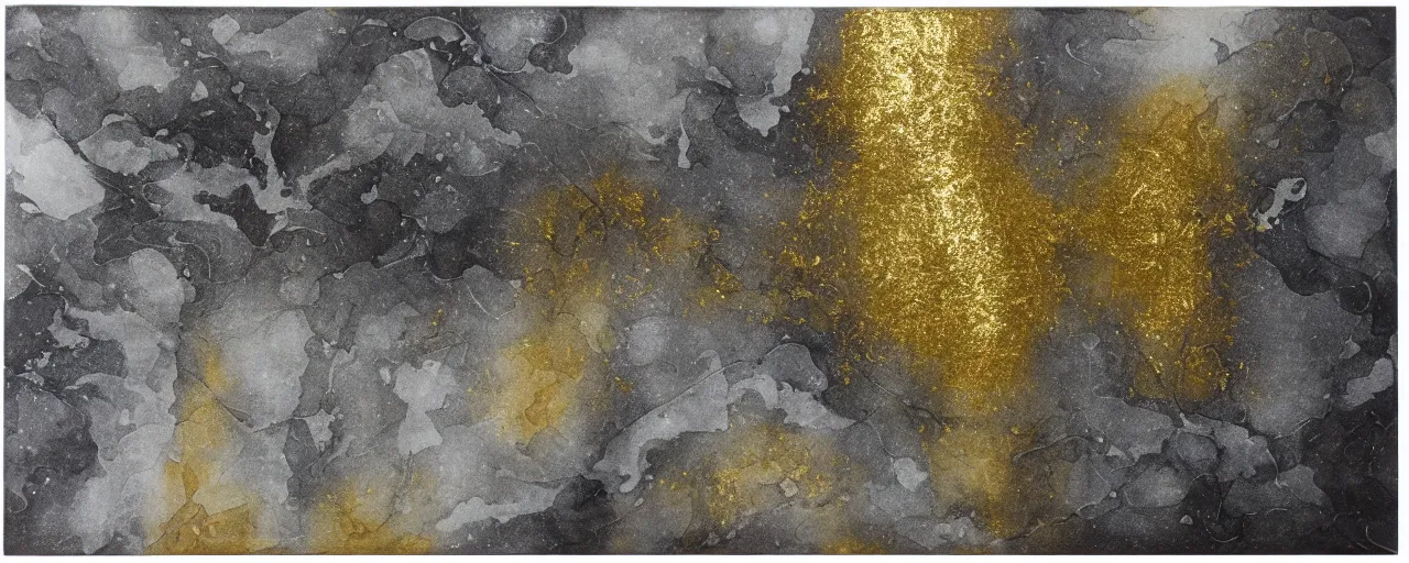 Prompt: abstract alcohol ink painting, paint texture, gold foil, gray, white marble, high contrast.