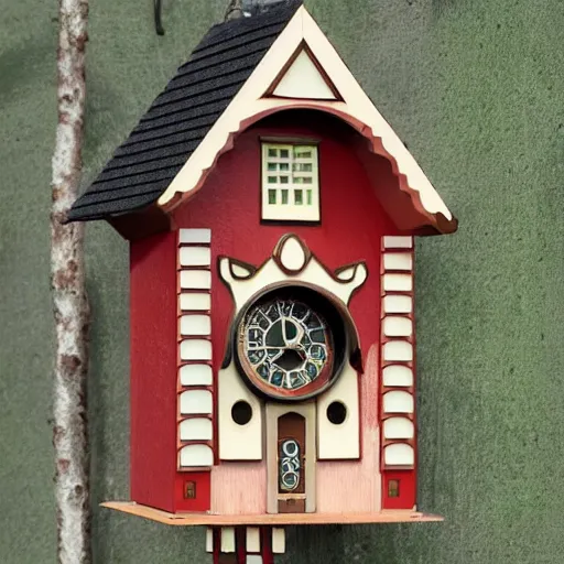 Prompt: a cat house that looks like a swiss style cuckoo clock, hd, 8k, high detail