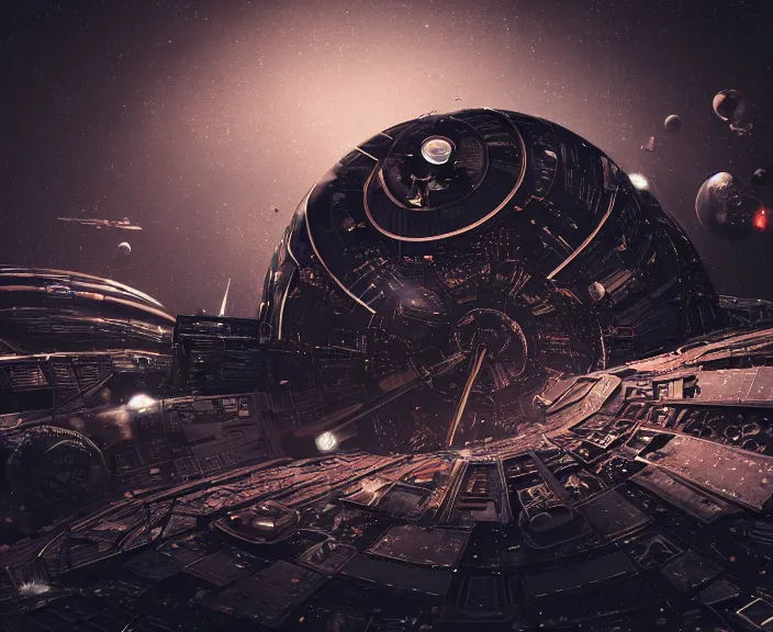 Prompt: a space junkyard forming a tilted disk in black starless space, a graveyard of space stations and giant space structures, dark sci - fi game screen, solid black background, everything fits on the screen, octane render