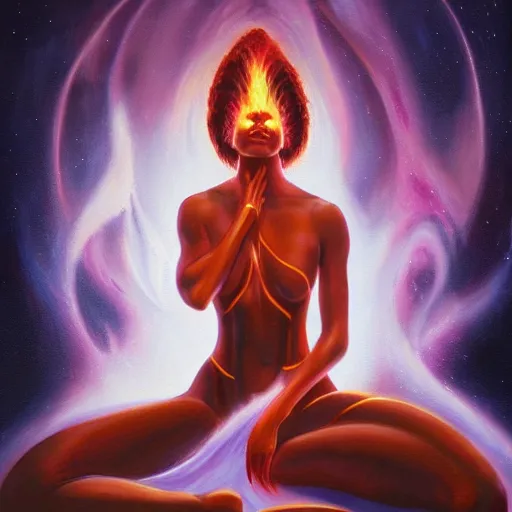 Image similar to A beautiful painting of a female cosmic being with flames as her body by Jim Burns, 8K, ultra-detailed , Trending on artstation.