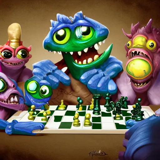 Image similar to Murlocs playing chess, videogame, digital rendering, multiple characters, hd, 8k