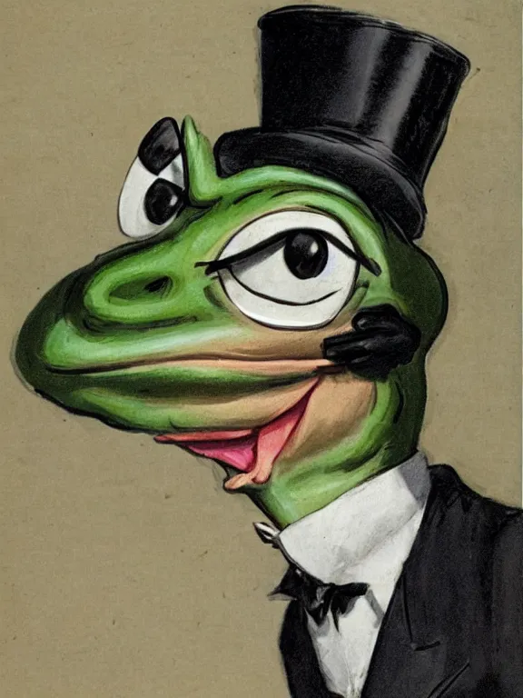 Image similar to pepe the frog at the royal ascot, wearing morning suit and top hat, excited watching the horse races, illustration by Joseph Christian Leyendecker