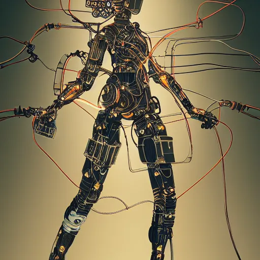 Image similar to a beautiful fighting body of a bot fighter pilot woman mostly made of wires and electronic circuits led luminous, an ultrafine detailed illustration by james jean, final fantasy, intricate linework, bright colors, behance contest winner, vanitas, angular, altermodern, unreal engine 5 highly rendered, global illumination, radiant light, detailed and intricate environment