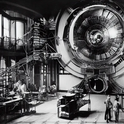 Prompt: scientists discovering an alien spacecraft inside a research center, 1 9 2 0's sci - fi, black and white, 8 k, highly ornate intricate details, extreme detail,