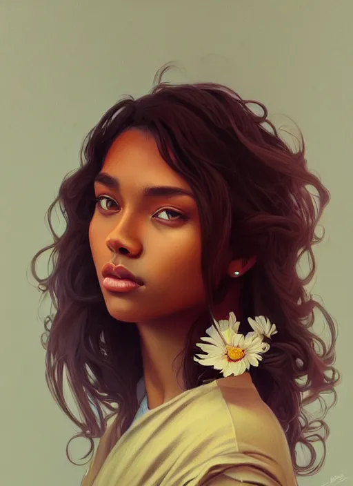 Image similar to handsome young black women with shoulder length brown hair, half body shot, path traced, highly detailed, high quality, digital painting, alena aenami, lilia alvarado, shinji aramaki, karol bak, alphonse mucha, tom bagshaw