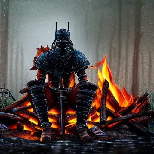 Prompt: fume knight boss from dark souls 2 sitting near a camp fire, evening time, heavy rain, rain water reflections in ground, digital illustration, crisp details, highly detailed art, 8k image quality, full body camera shot