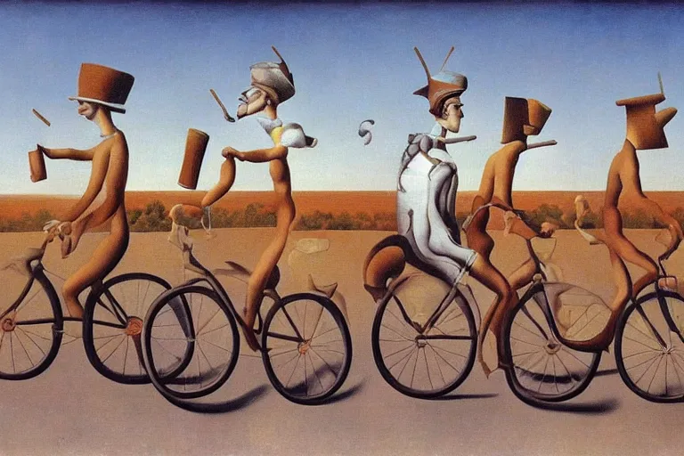 Image similar to a surrealist painting of people riding bikes with baguettes on their heads, Dali, Magritte