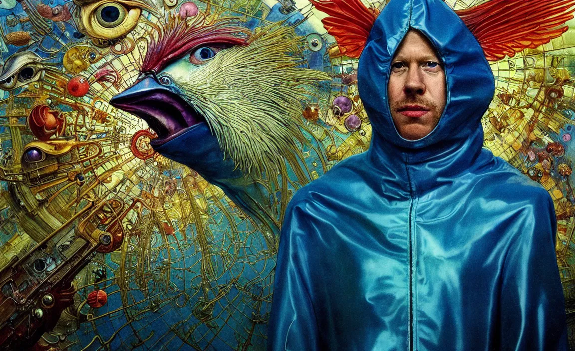 Image similar to realistic detailed portrait movie shot of a birdman wearing glossy sheer raincoat, sci fi city landscape background by denis villeneuve, amano, yves tanguy, alphonse mucha, ernst haeckel, max ernst, roger dean, masterpiece, rich moody colours, dog teeth, blue eyes