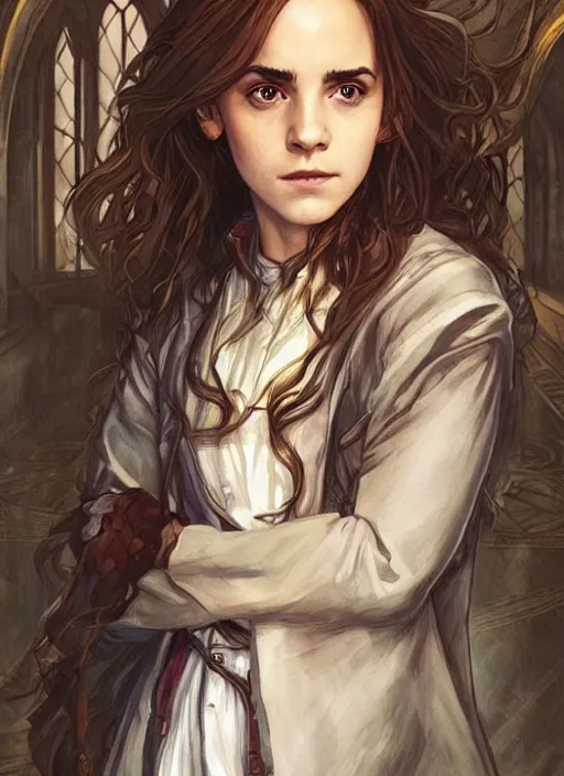 Prompt: hermione! granger! at hogwarts!!!!! by emma watson. beautiful! detailed! face!. by artgerm and greg rutkowski and alphonse mucha