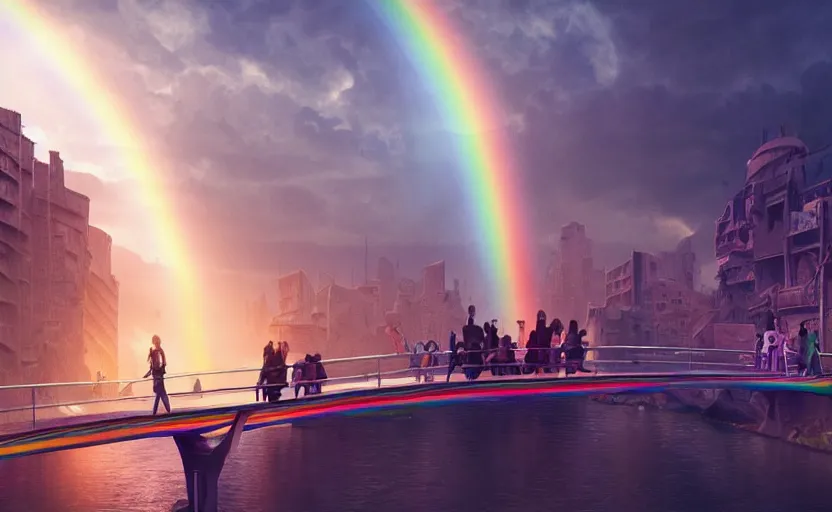 Image similar to incredible, mindblowing, refugees crossing a beautiful bridge made of rainbow hardlight, floating city in the sky, matte painting, artstation, cgsociety, dramatic lighting, concept art, octane render, arnold 3 d render