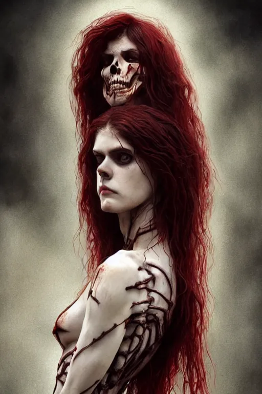 Image similar to woman black skeleton body covered with blood, alexandra daddario face, long red hair, ultra realistic, concept art, intricate details, highly detailed, photorealistic, octane render, 8 k, unreal engine. retro film still, heavy grain, 3 5 mm, art by artgerm and greg rutkowski and alphonse mucha