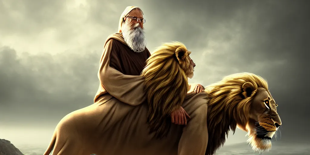 Prompt: portrait of a hooded wise old man long white beard wearing a brown tunic ; he is riding majestically on a beautiful lions back, epic digital art, cinematic, trending on artstation, superb detail 8 k masterpiece