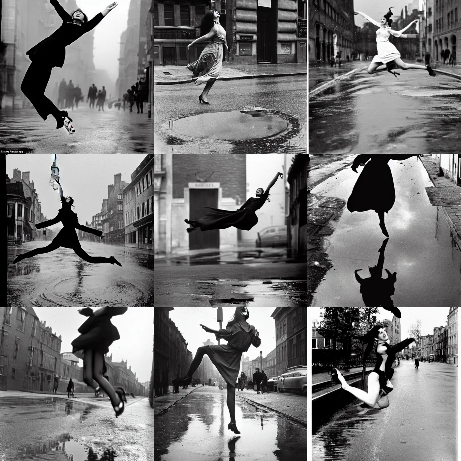Prompt: A woman wearing a dress, long legs, leaping over a large puddle in the street, the decisive moment, photographed by Henri Cartier-Bresson on a Leica camera
