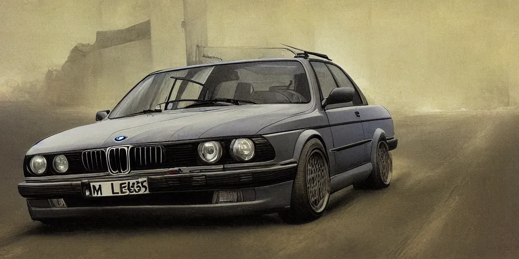 Image similar to bmw e 3 5 in full speed in a empty street, mad max kieth thomsen, zdzislaw beksinski