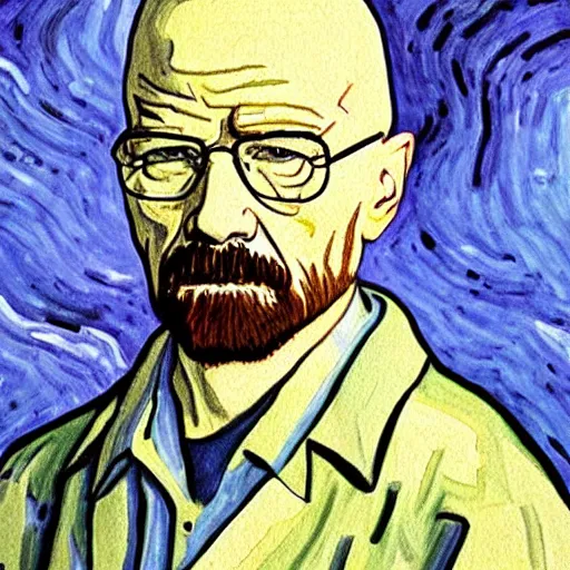 Image similar to a scene from breaking bad featuring walter white painted by van gogh