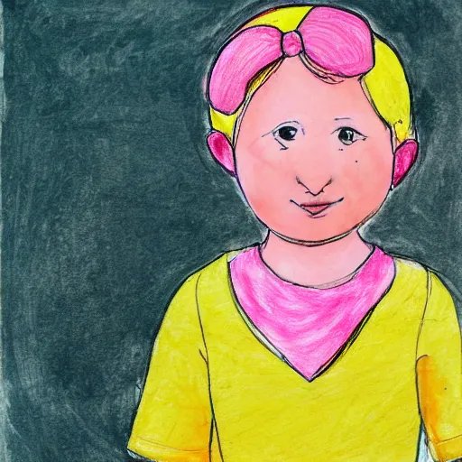 Prompt: girl with yellow hair and pink dress, kids drawing