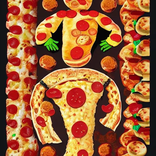 Image similar to A human made of pizza, digital art