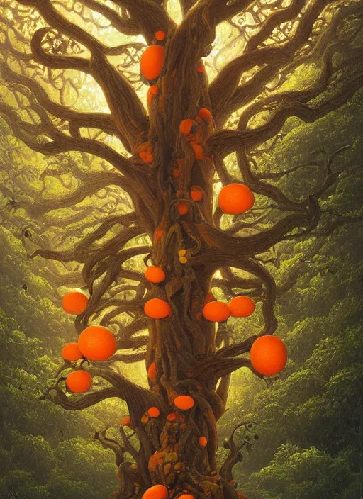 Image similar to ayahuma tree with few small orange fruits looking like an ent, art by christophe vacher