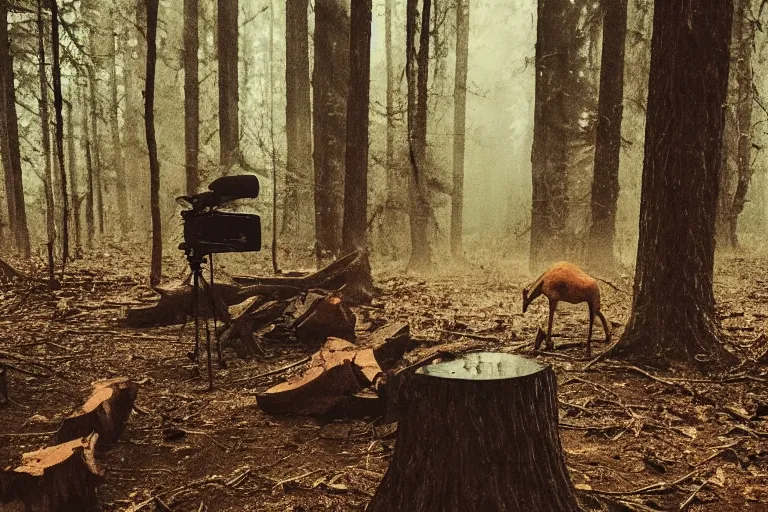 Image similar to terrible dark forest in the depths of which there is a thick butcher in a dirty shirt, chopping meat on a wooden stump, filmed hidden on a phone camera, Cinematic, wildlife photography, 35mm, photo on iphone