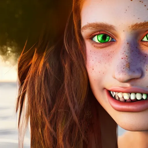 Image similar to portrait of a cute thin young woman, bronze brown hair, eye color is emerald green, red blush, cute freckles, smug smile, modern clothes, relaxing on the beach, golden hour, close up shot, 8 k, art by irakli nadar, hyperrealism, hyperdetailed, ultra realistic