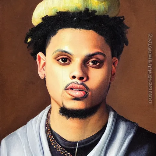 Image similar to a portrait painting of smokepurpp by giovanni bellini