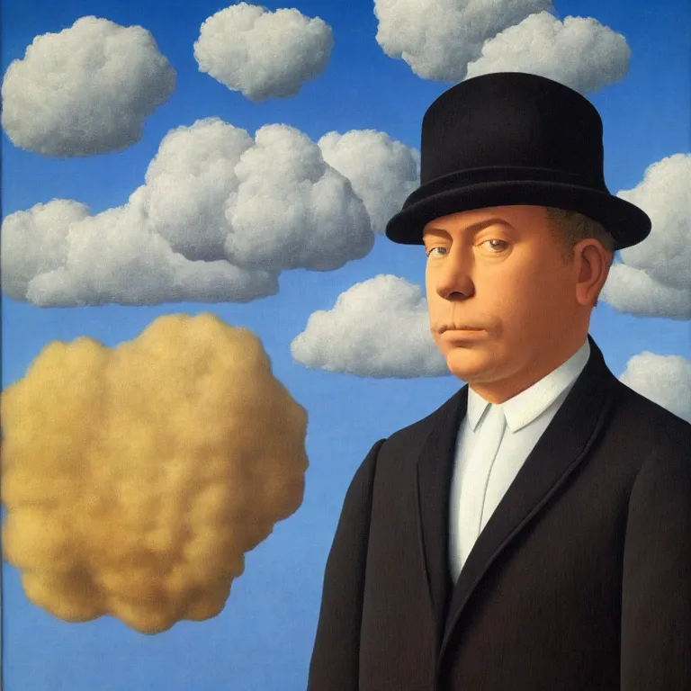 Prompt: portrait of a man whos head is a cloud, by rene magritte, detailed painting, hd, hq, high resolution, high detail, 4 k, 8 k