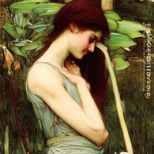 Image similar to washed - out by john william waterhouse. a beautiful print. it has no visible auditory organs, just eyes, human eyes, hundreds of them, in the ends of stalks that radiate from its body like some exotic fruit.