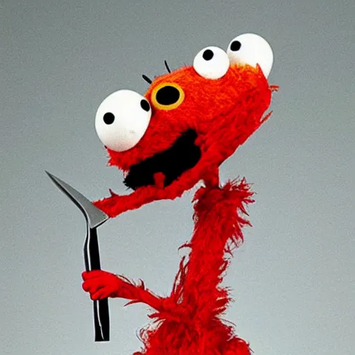 Image similar to elmo holding a bloody knife, forced perspective, as seen by an ant, tv still