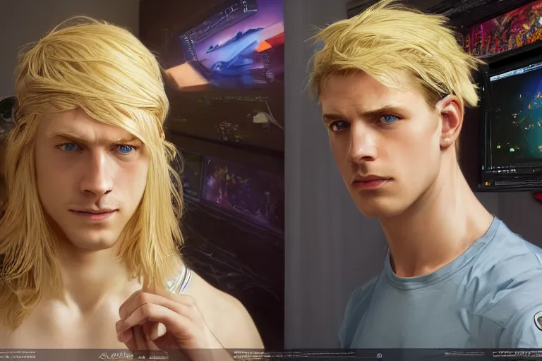 Image similar to a computer graphics artist man with blonde hair, blue eyes, a ballcap in a messy room at the computer animating, ultra realistic, concept art, intricate details, serious, highly detailed, photorealistic, octane render, 8 k, unreal engine. art by artgerm and greg rutk owski and alphonse mucha