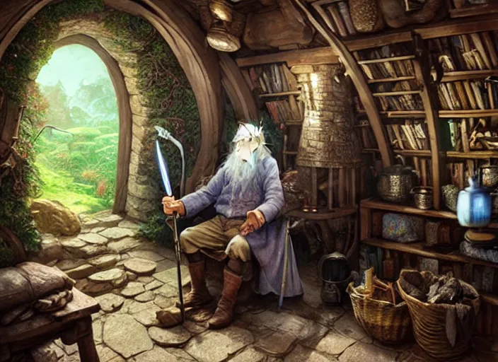 Prompt: portrait of gandalf smoking a pipe with jrr tolkien and bilbo baggins in a hobbit house - art, by wlop, james jean, victo ngai! muted colors, very detailed, art fantasy by craig mullins, thomas kinkade cfg _ scale 8