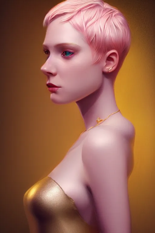 Image similar to Portrait of a beautiful pale skin Nordic female with short pink hair, elegant, photorealistic, highly detailed, artstation, smooth, sharp focus, gold ornaments, neon lighting, sci-fi, art by Klimt.