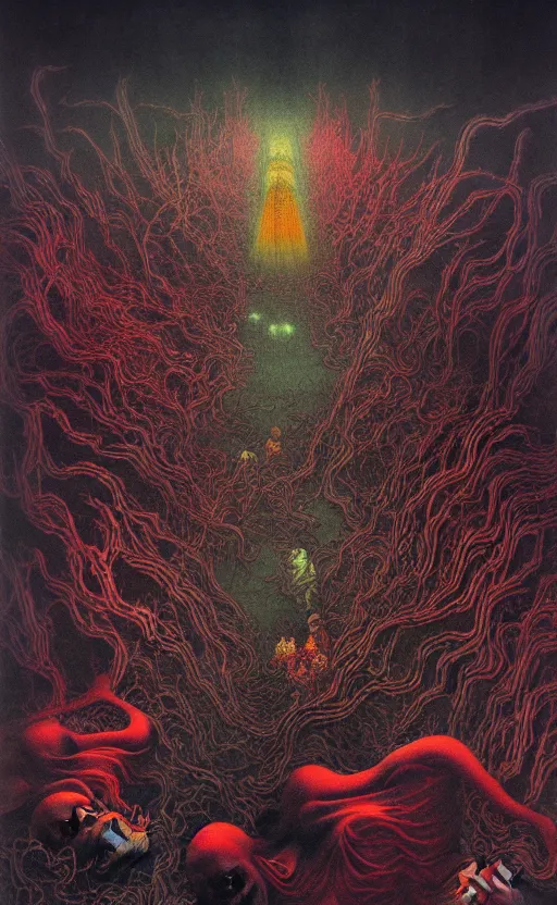 Image similar to zhongyuan festival, chinese ghost festival, king of hell, inside page of comic book, psychedelic lights and fog, in the style of zdzislaw beksinski, ayami kojima, takato yamamoto, barclay shaw, karol bak, glowing light and shadow, hyperrealist