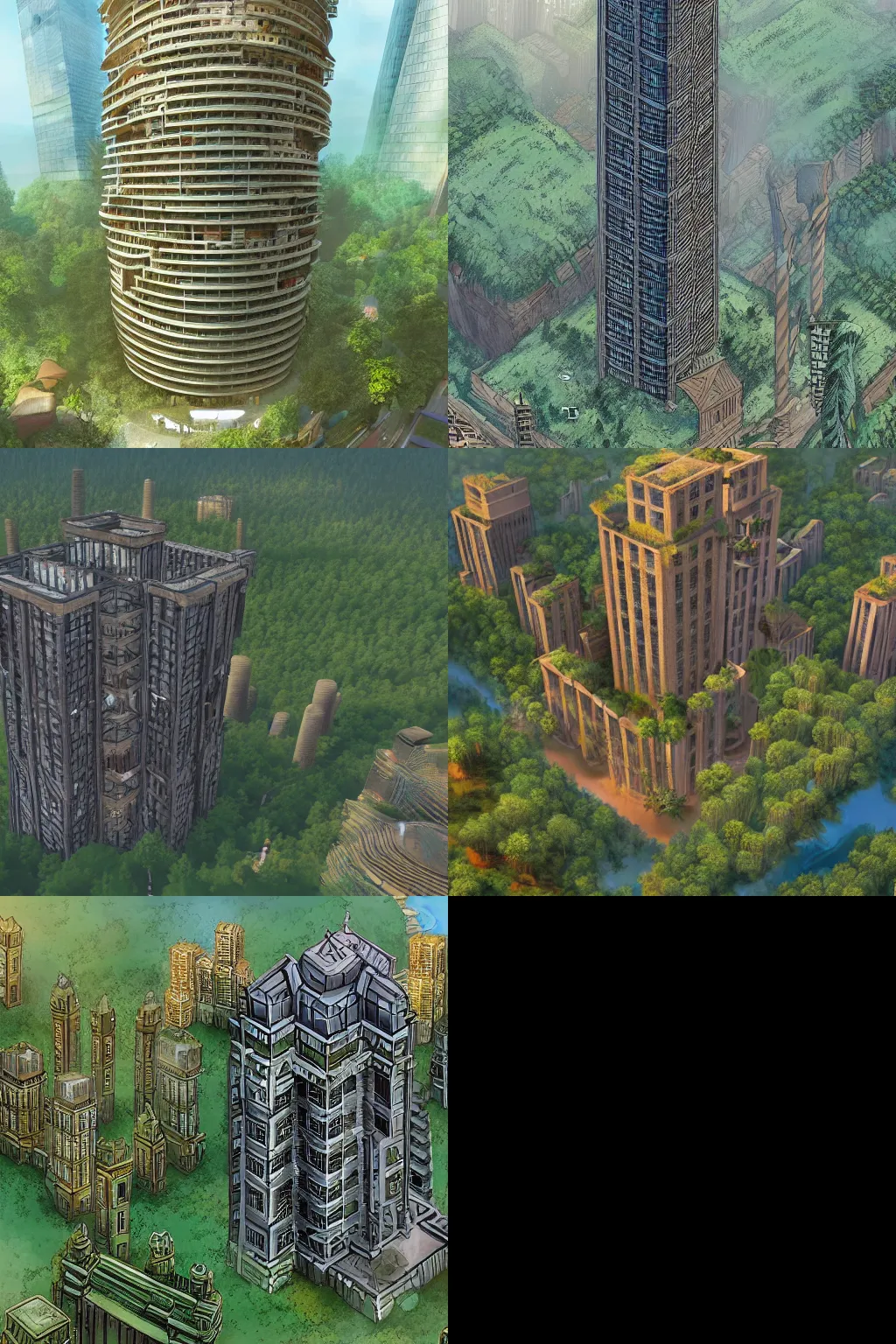 Prompt: a vertical city built around a single tower in the middle of a forest, and behind walls meant to keep out giant monsters