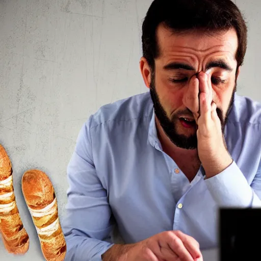 Image similar to A french baguette salesman yells at his computer out of fear due to his anxiety about the current development of AI-generated graphics and the possibility of imminent job loss.