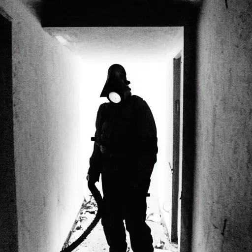 Image similar to A misterious man wearing a gas mask is standing on the midle of a stair hallway looking in the direction of the camera, the man is using a turned on flashlight to look for survivors :: Ruined city with vegetation and trees growing all over the place in the distroyed buildings :: apocalyptic, shadowy, disolate :: A long shot, low angle, dramatic backlighting, simetric photography, night time, slighty colorful :: cinematic shot, very detailed