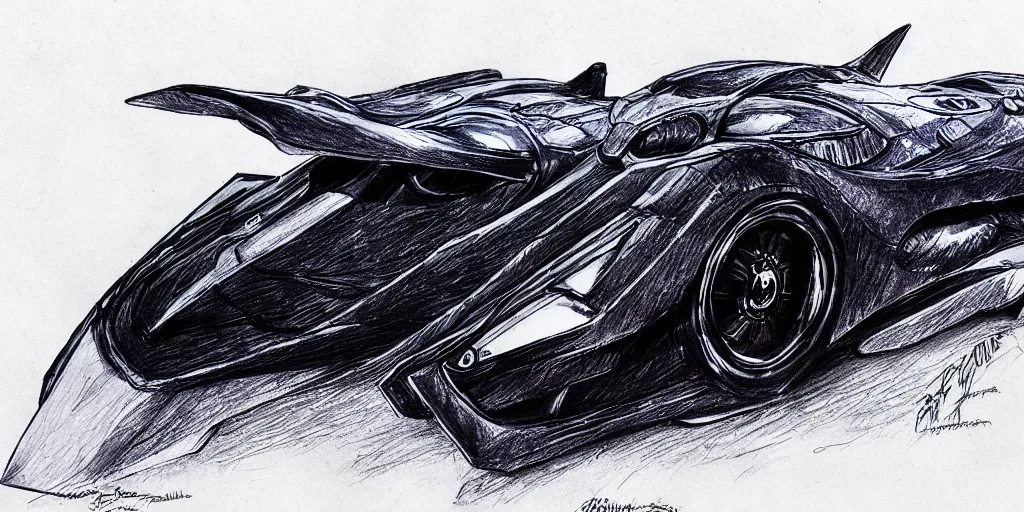 Image similar to ballpoint pen drawing of the batmobile, batman, arkham knight