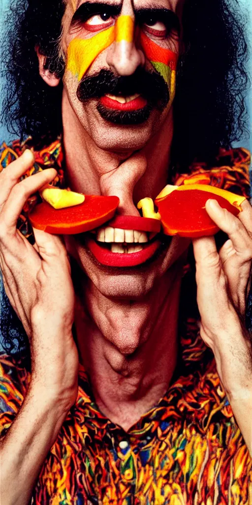 Prompt: award winning photo of frank zappa eating himself, vivid colors, happy, symmetrical face, beautiful eyes, studio lighting, wide shot art by Sally Mann & Arnold Newman