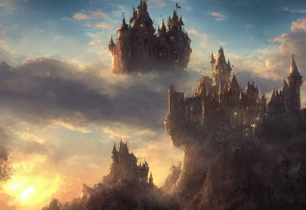 Image similar to a magical castle on the clouds, sunset, epic, trendy on artstation, concept art