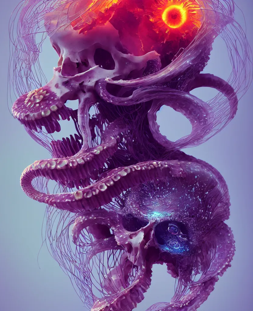 Image similar to goddess close-up portrait animal skull. jellyfish phoenix head, nautilus, orchid, skull, betta fish, bioluminiscent creatures, intricate artwork by Tooth Wu and wlop and beeple. octane render, trending on artstation, greg rutkowski very coherent symmetrical artwork. cinematic, hyper realism, high detail, octane render, 8k