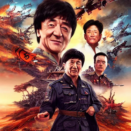 Image similar to Jackie Chan appears on the battlefield at the climax of the finno-korean hyperwar, by artgerm and wlop and scott fischer and seb mckinnon, digital art, highly detailed, wide shot, intricate, fantasy, mystical, sharp focus, Trending on Artstation HQ, deviantart, unreal engine 5, 4K UHD image