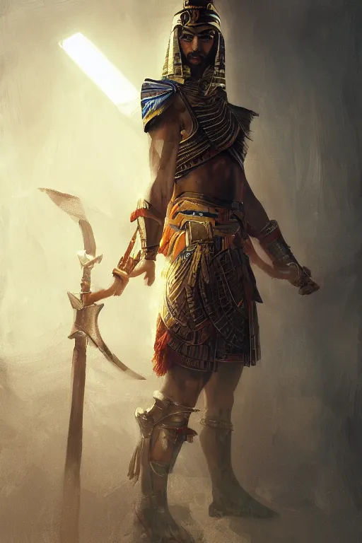 Image similar to egyptian warrior, portrait, powerfull, intricate, elegant, volumetric lighting, digital painting, highly detailed, artstation, sharp focus, illustration, ruan jia